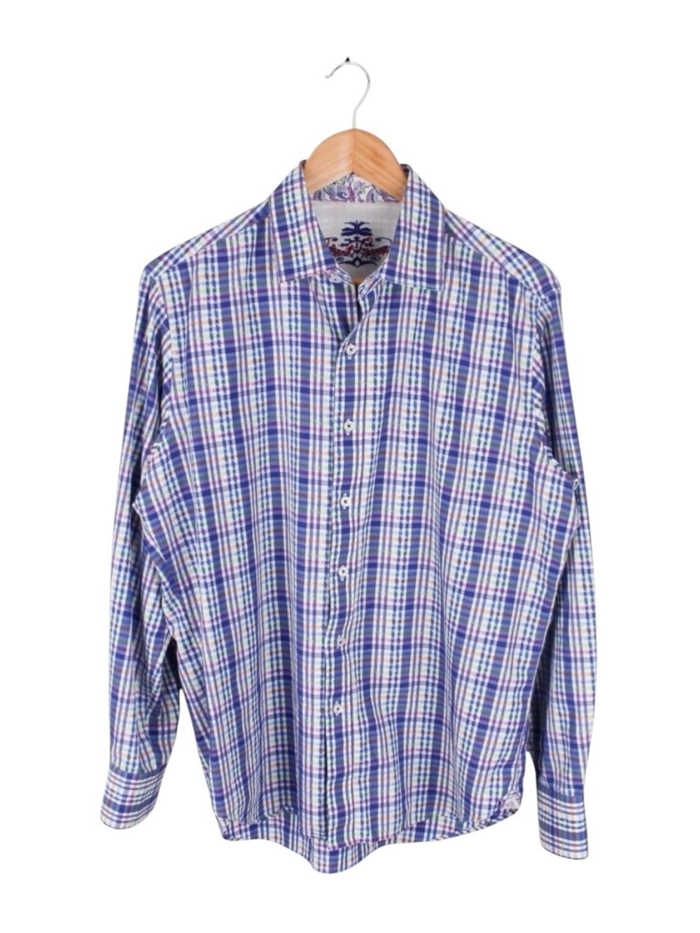 Robert Graham Multicolor Plaid Button Up Shirt Paisley Trim Men's Medium